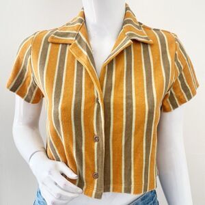 Wyllis Edie Terrycloth Cropped Short Sleeve Button Down in Cabana Stripe Revolve
